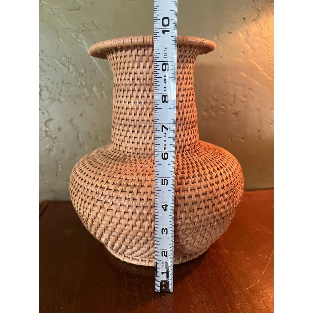 Vintage Woven Rattan Wicker Vase Natural Boho Decorative Flared Rim Vessel